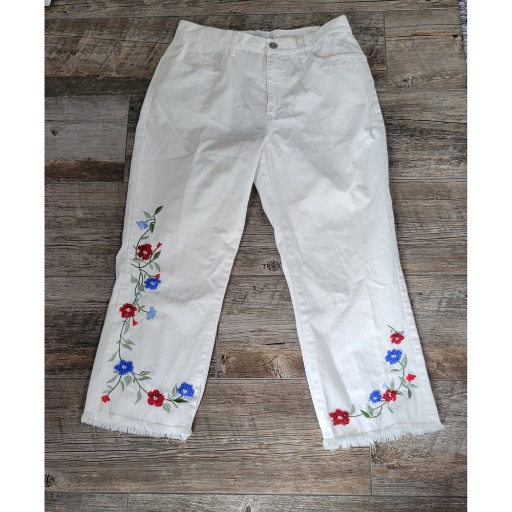 Calvin Klein Jeans White Embroidered Beaded Floral Cropped Pants 8 Vintage Y2K